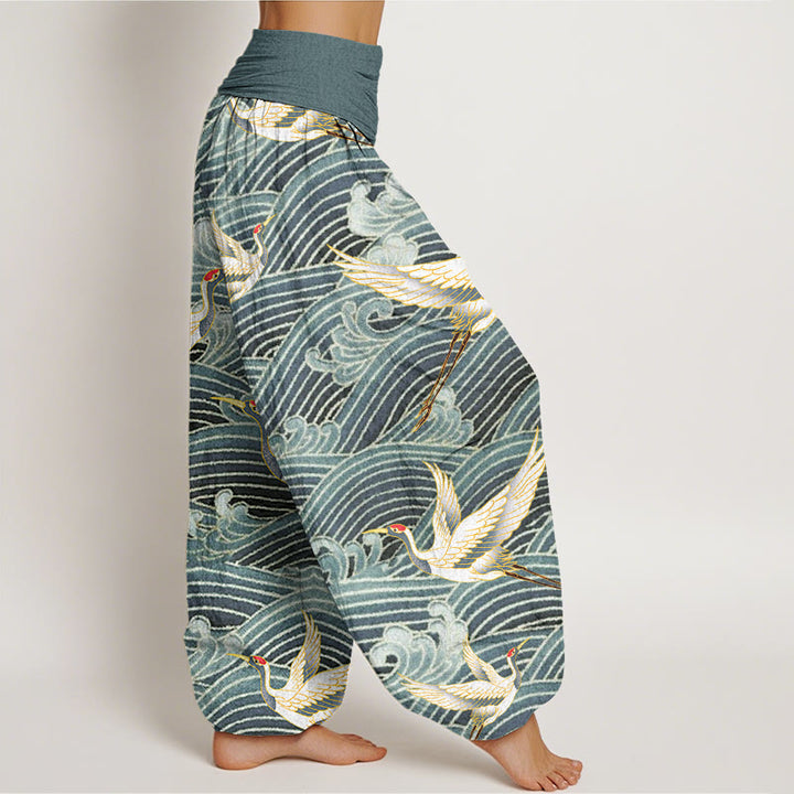 Buddha Stones Cotton Casual Crane Ocean Waves Pattern Elastic Waist Women's Harem Pants - image 6