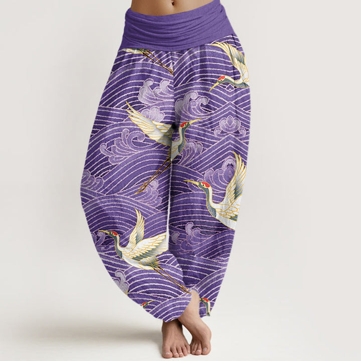 Buddha Stones Cotton Casual Crane Ocean Waves Pattern Elastic Waist Women's Harem Pants - DarkOrchid - US22，UK/AU26，EU54 (6XL) - image 7