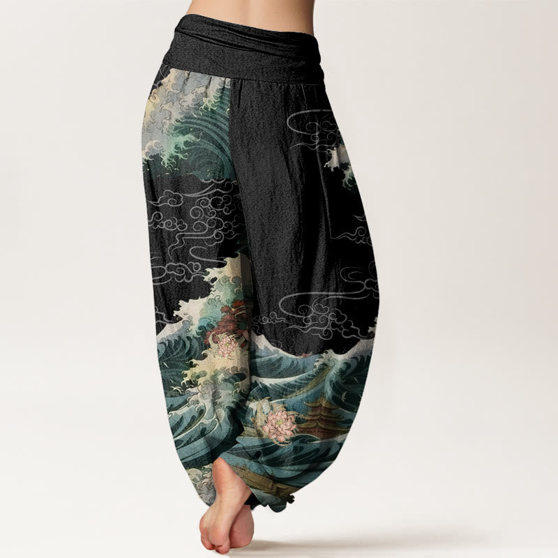 Buddha Stones Cotton Casual Blooming Lotuse Wave Pavilion Pattern Women's Elastic Waist Harem Pants - image 1