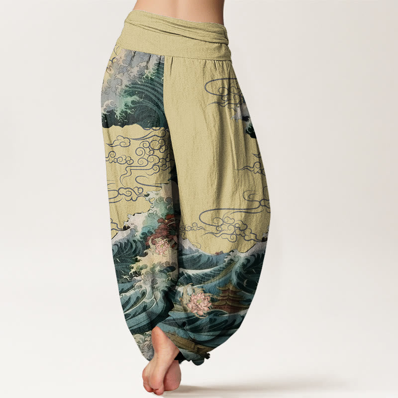 Buddha Stones Cotton Casual Blooming Lotuse Wave Pavilion Pattern Women's Elastic Waist Harem Pants - image 5