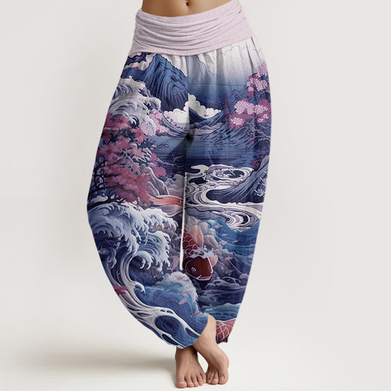 Buddha Stones Casual Blossoming Tree Koi Fish Wave Mountain Pattern Women's Elastic Waist Harem Pants - Plum - US22，UK/AU26，EU54 (6XL) - image 4