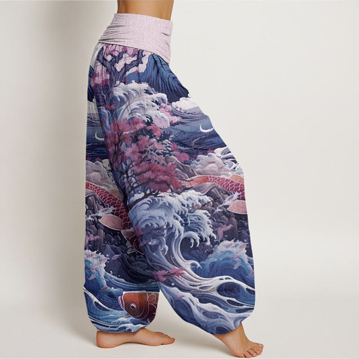 Buddha Stones Cotton Casual Blossoming Tree Koi Fish Wave Mountain Pattern Women's Elastic Waist Harem Pants - image 6