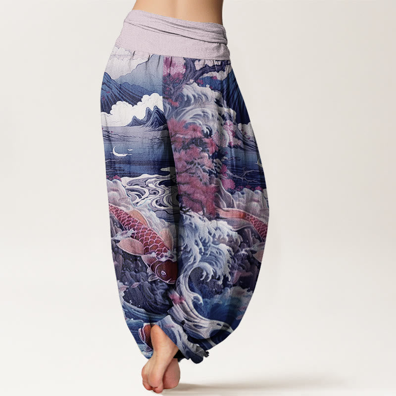 Buddha Stones Casual Blossoming Tree Koi Fish Wave Mountain Pattern Women's Elastic Waist Harem Pants - image 5