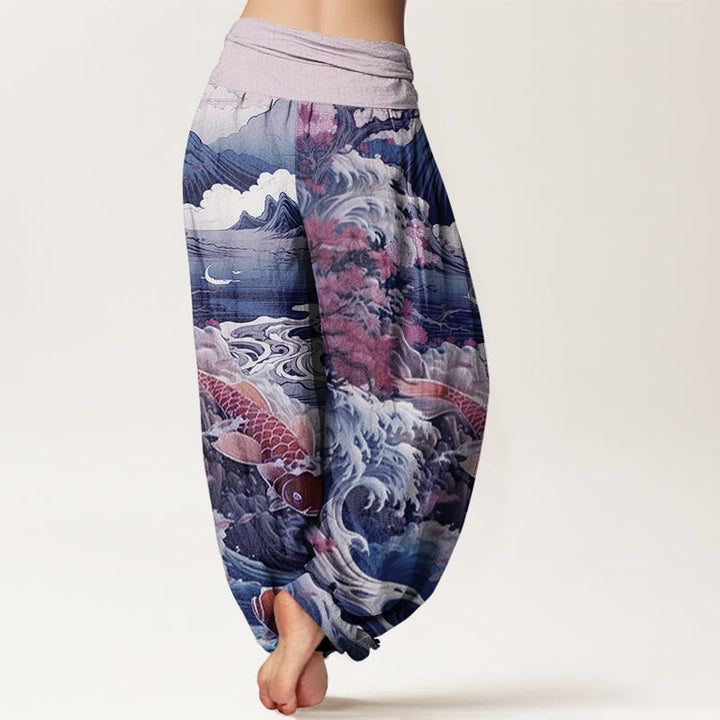 Buddha Stones Cotton Casual Blossoming Tree Koi Fish Wave Mountain Pattern Women's Elastic Waist Harem Pants - image 5