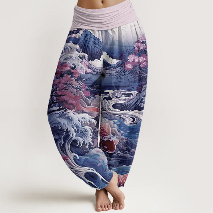 Buddha Stones Cotton Casual Blossoming Tree Koi Fish Wave Mountain Pattern Women's Elastic Waist Harem Pants - Plum - US22，UK/AU26，EU54 (6XL) - image 4