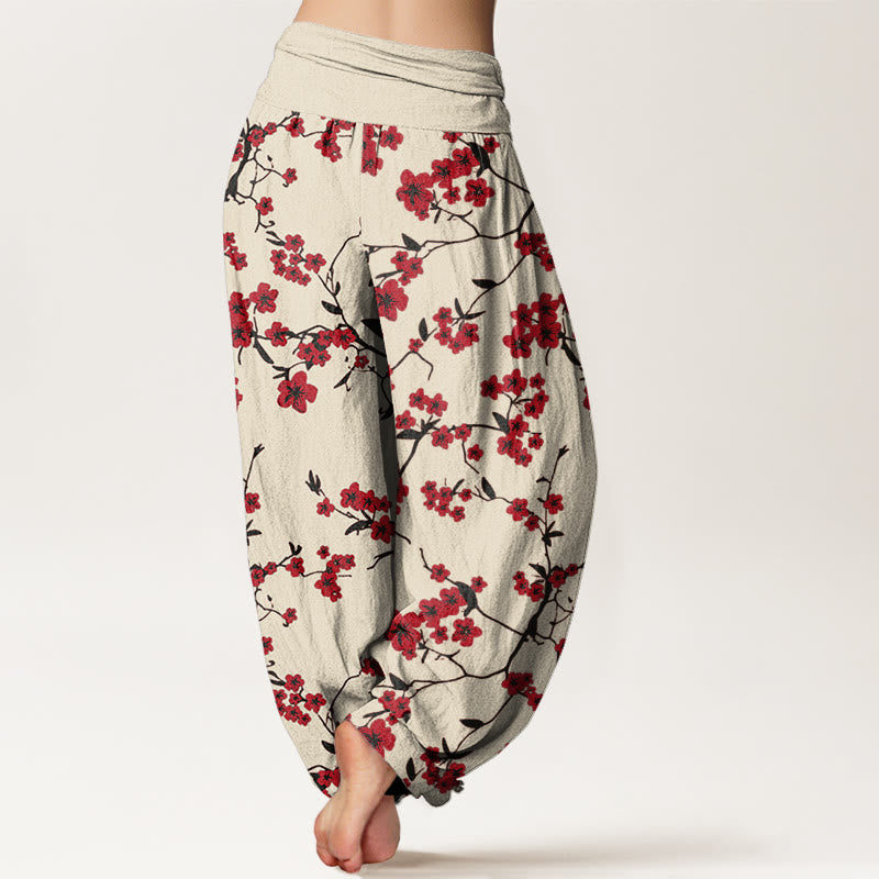 Buddha Stones Cotton Red Peach Blossom Pattern Women's Elastic Waist Harem Pants - image 1