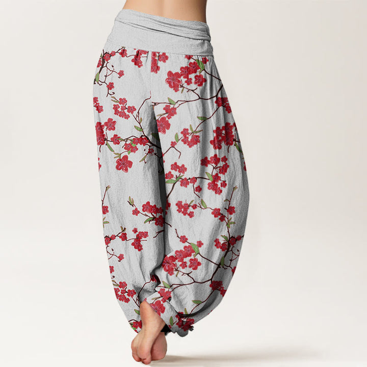 Buddha Stones Cotton Red Peach Blossom Pattern Women's Elastic Waist Harem Pants - image 5