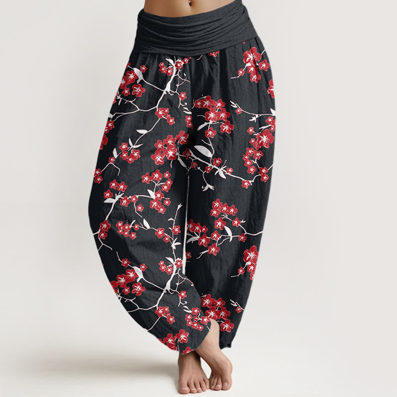 Buddha Stones Cotton Red Peach Blossom Pattern Women's Elastic Waist Harem Pants - Black - US22，UK/AU26，EU54 (6XL) - image 7