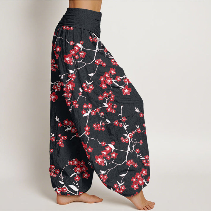Buddha Stones Cotton Red Peach Blossom Pattern Women's Elastic Waist Harem Pants - image 9
