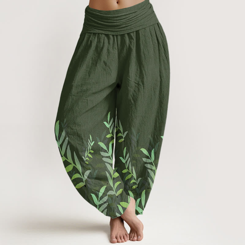 Buddha Stones Cotton Casual Leaves Pattern Women's Elastic Waist Harem Pants - ForestGreen - US22，UK/AU26，EU54 (6XL) - image 4