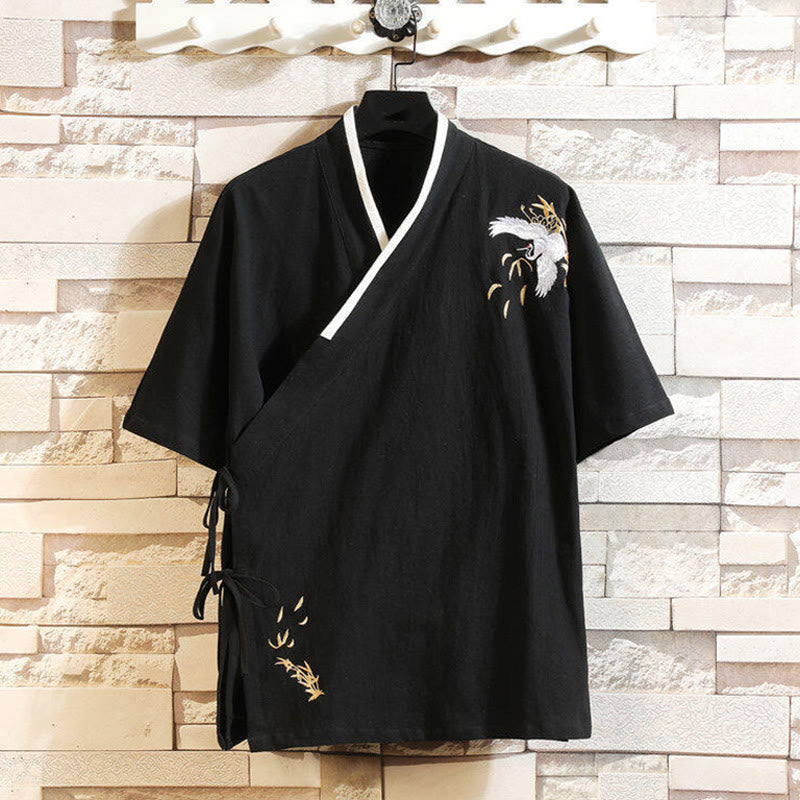 Buddha Stones Tang Suit Embroided Crane Pattern Lace-Up Side Men's Cotton Linen Short Sleeve T-Shirt - Black - US/UK/AU46，EU56 (5XL) - image 0