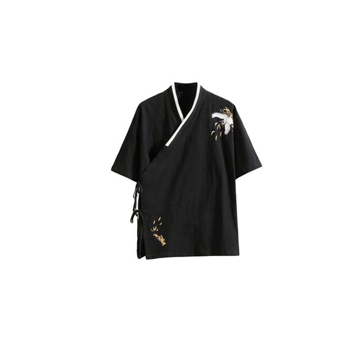 Buddha Stones Tang Suit Embroided Crane Pattern Lace-Up Side Men's Cotton Linen Short Sleeve T-Shirt - image 9