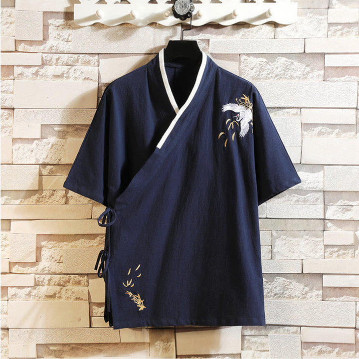 Buddha Stones Tang Suit Embroided Crane Pattern Lace-Up Side Men's Cotton Linen Short Sleeve T-Shirt - MidnightBlue - US/UK/AU46，EU56 (5XL) - image 13