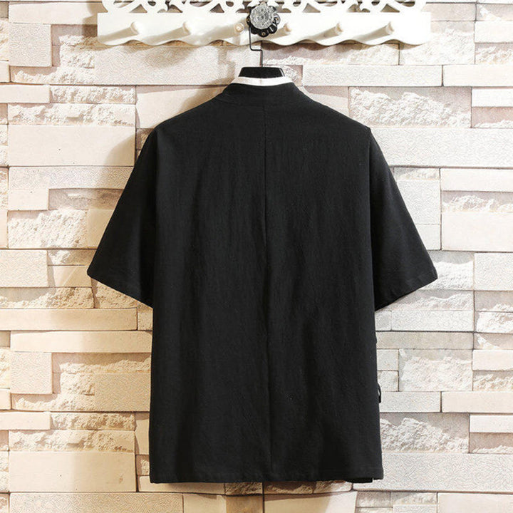 Buddha Stones Tang Suit Embroided Crane Pattern Lace-Up Side Men's Cotton Linen Short Sleeve T-Shirt - image 1