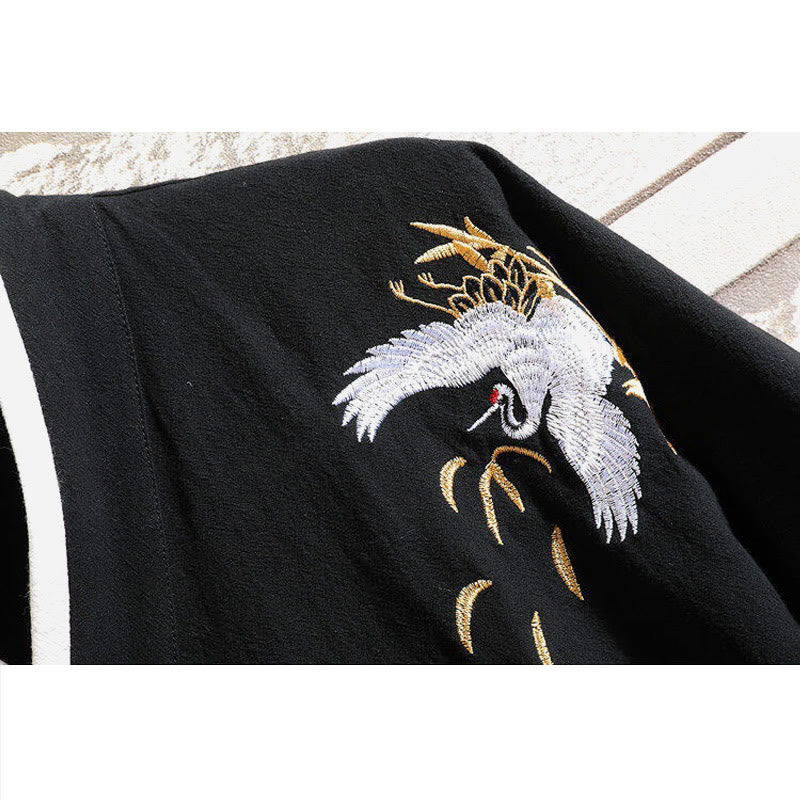 Buddha Stones Tang Suit Embroided Crane Pattern Lace-Up Side Men's Cotton Linen Short Sleeve T-Shirt - image 4