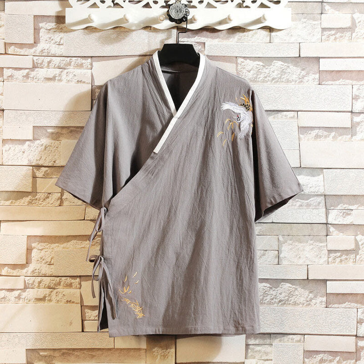 Buddha Stones Tang Suit Embroided Crane Pattern Lace-Up Side Men's Cotton Linen Short Sleeve T-Shirt - Silver - US/UK/AU46，EU56 (5XL) - image 10