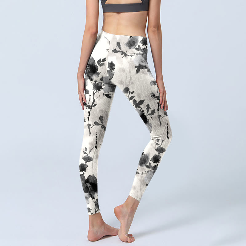 Buddha Stones Ink Painting Style Flower Pattern Print Gym Leggings Women's Yoga Pants - image 4