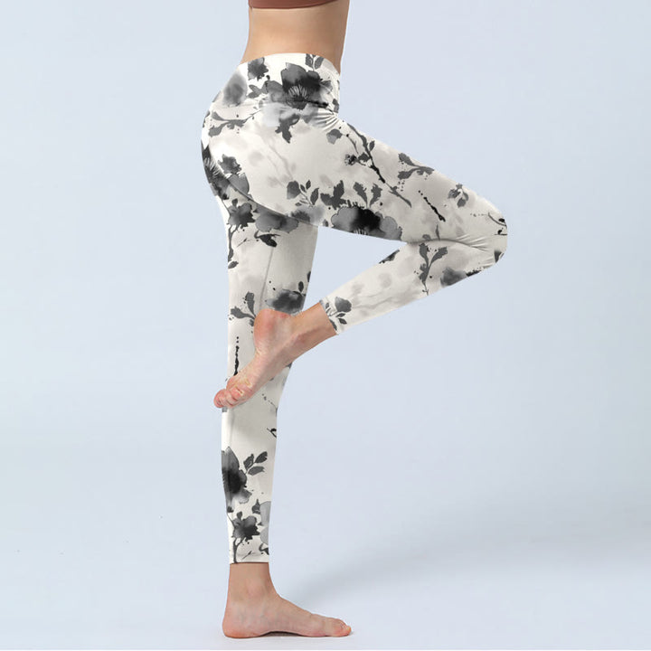 Buddha Stones Ink Painting Style Flower Pattern Print Gym Leggings Women's Yoga Pants - image 3