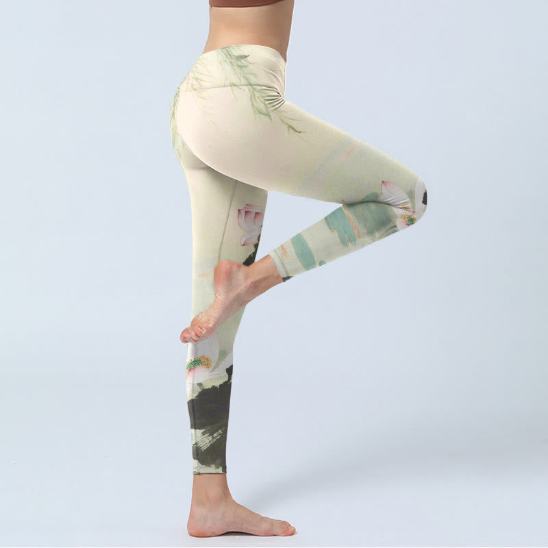 Buddha Stones Willow Leaves Lotus Pond Pattern Print Gym Leggings Women's Yoga Pants - image 3