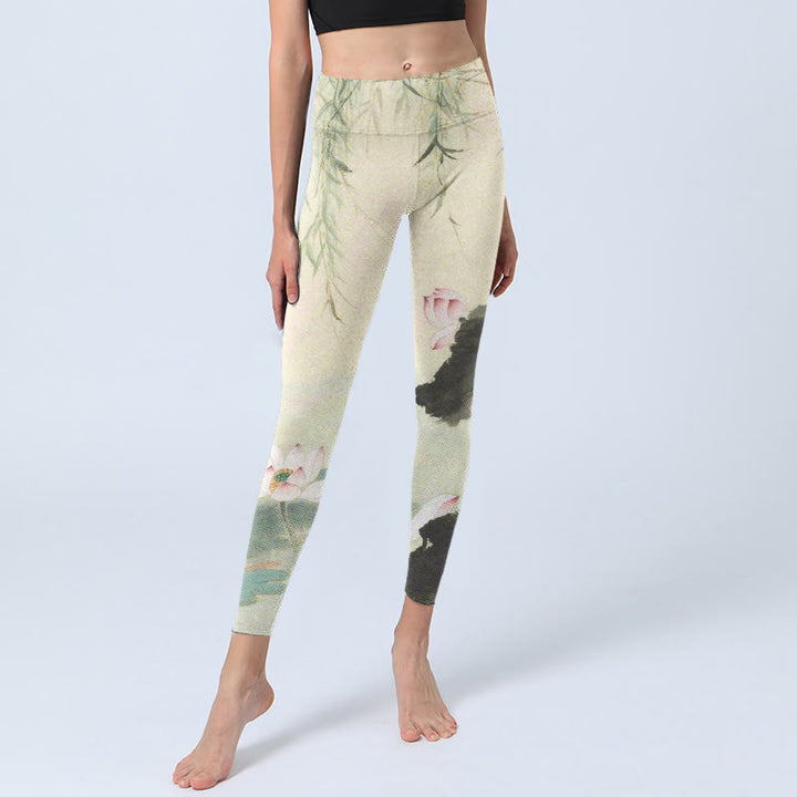 Buddha Stones Willow Leaves Lotus Pond Pattern Print Gym Leggings Women's Yoga Pants - image 5