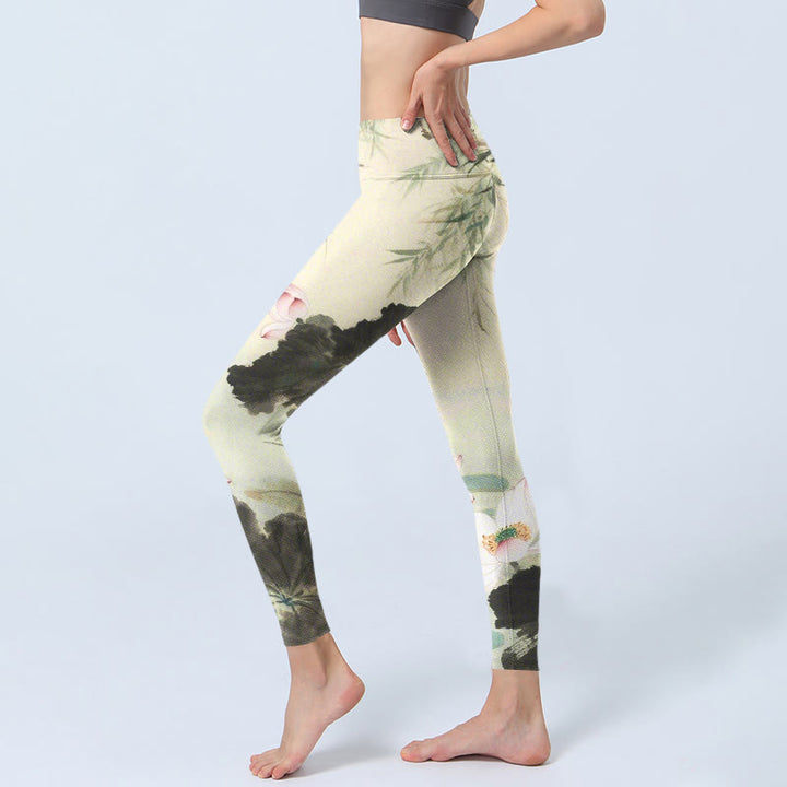 Buddha Stones Willow Leaves Lotus Pond Pattern Print Gym Leggings Women's Yoga Pants - image 2