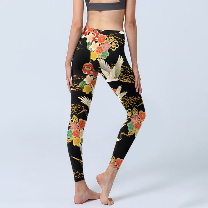 Buddha Stones Red-Crowned Cranes Colorful Floral Pattern Print Gym Leggings Women's Yoga Pants - image 3