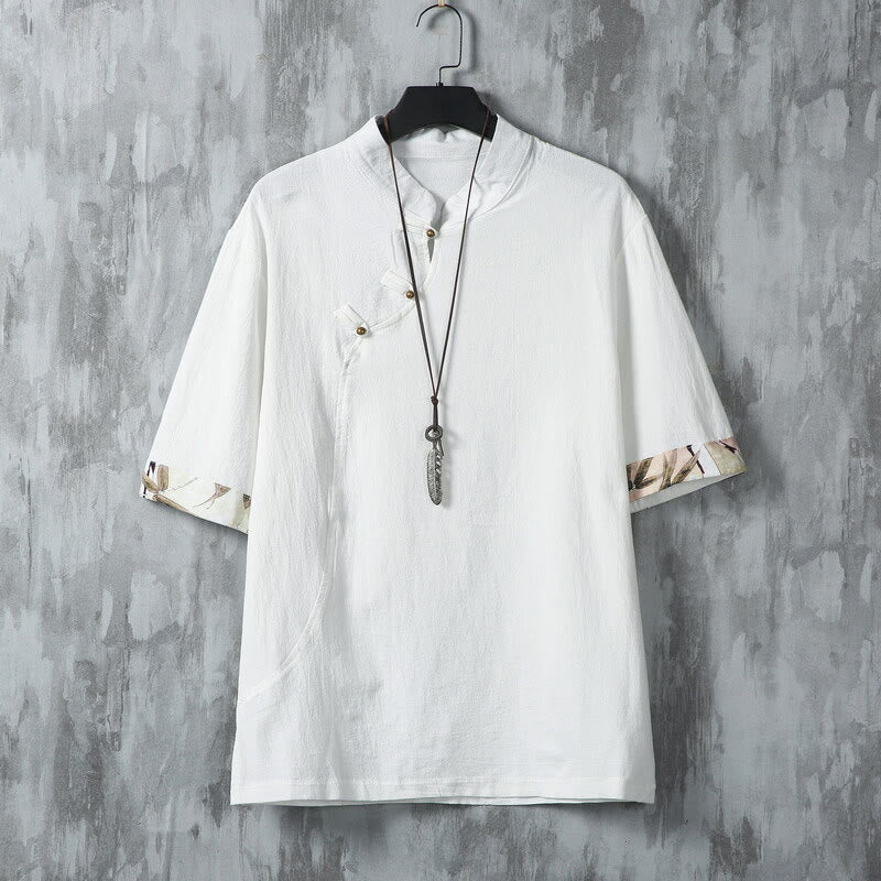 Buddha Stones Summer Chinese Frog-Button Printing Men's Plain Patchwork Half Sleeve Cotton Linen Shirt - White - US/UK/AU46，EU56 (5XL) - image 1