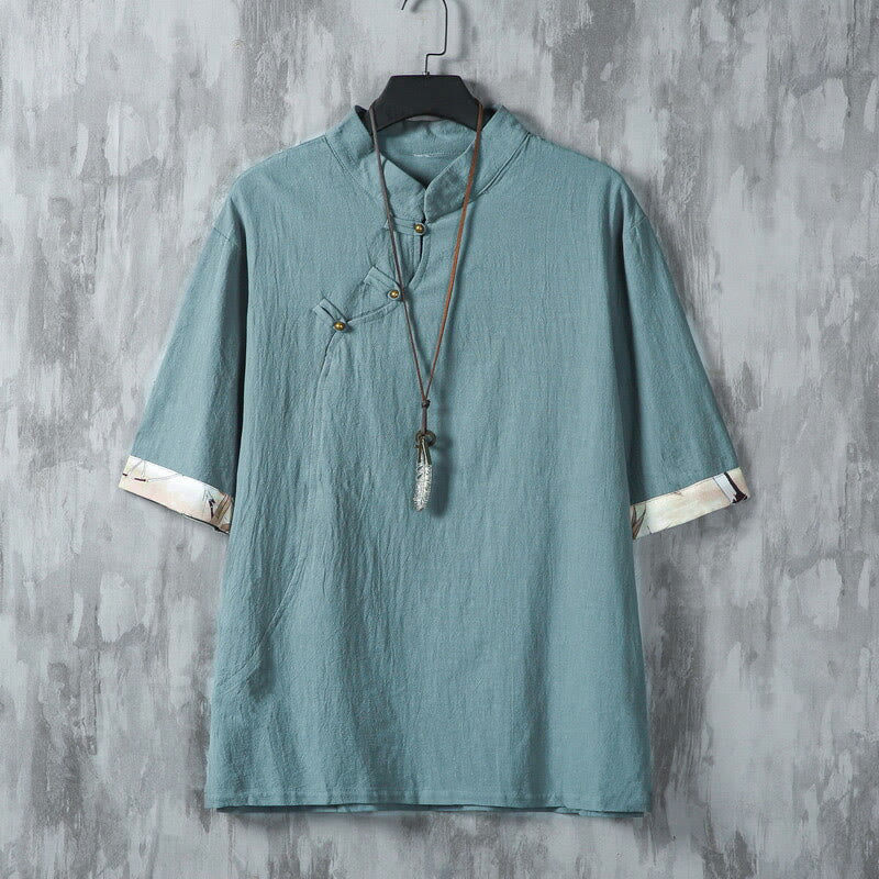 Buddha Stones Summer Chinese Frog-Button Printing Men's Plain Patchwork Half Sleeve Cotton Linen Shirt - LightSeaGreen - US/UK/AU46，EU56 (5XL) - image 0