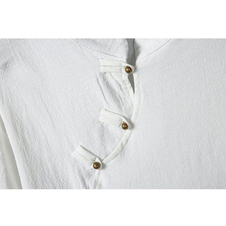 Buddha Stones Summer Chinese Frog-Button Printing Men's Plain Patchwork Half Sleeve Cotton Linen Shirt - image 3