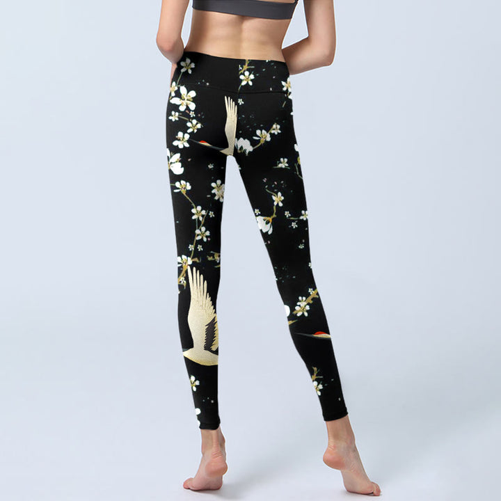 Buddha Stones Red-crowned Cranes Plum Blossoms Pattern Print Gym Leggings Women's Yoga Pants - image 6