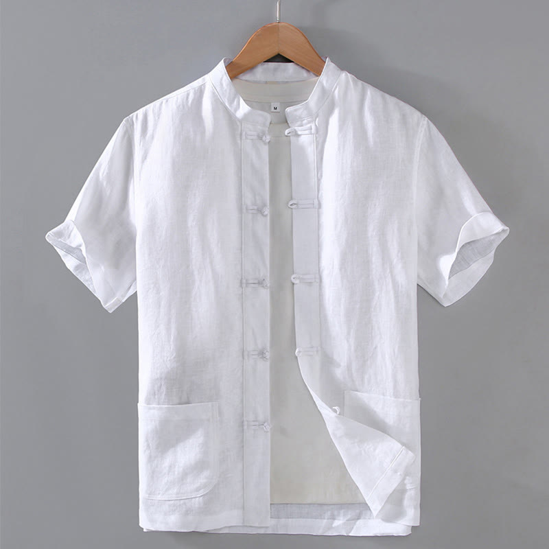 Buddha Stones Vintage Plain Tang Suit Chinese Frog-Button Cotton Linen Men's Shirt With Pockets - White - US/UK/AU46，EU56 (5XL) - image 11