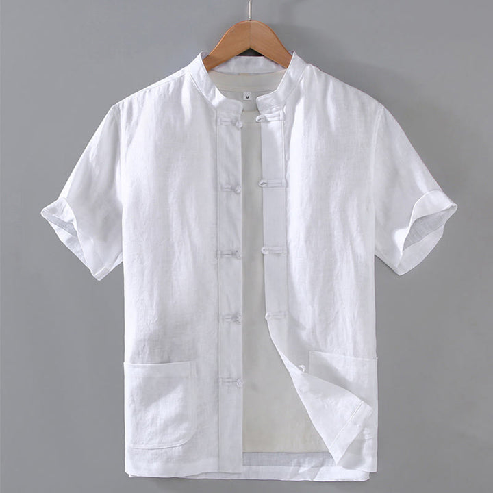 Buddha Stones Vintage Plain Tang Suit Chinese Frog-Button Cotton Linen Men's Shirt With Pockets - White - US/UK/AU46，EU56 (5XL) - image 11