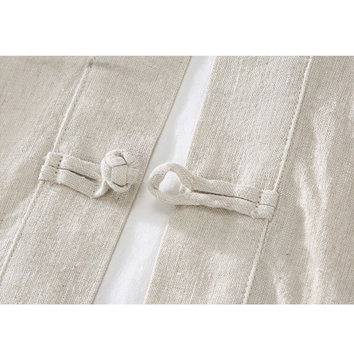 Buddha Stones Vintage Plain Tang Suit Chinese Frog-Button Cotton Linen Men's Shirt With Pockets - image 5