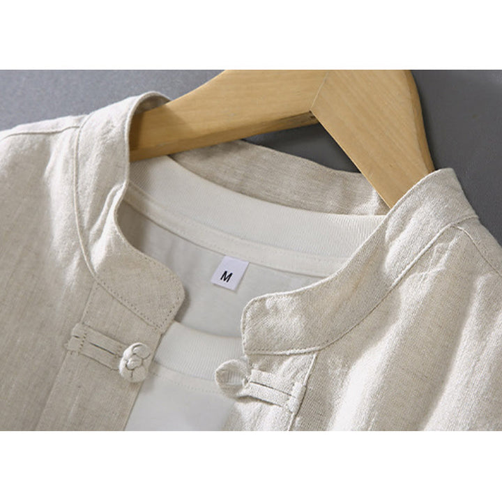 Buddha Stones Vintage Plain Tang Suit Chinese Frog-Button Cotton Linen Men's Shirt With Pockets - image 3