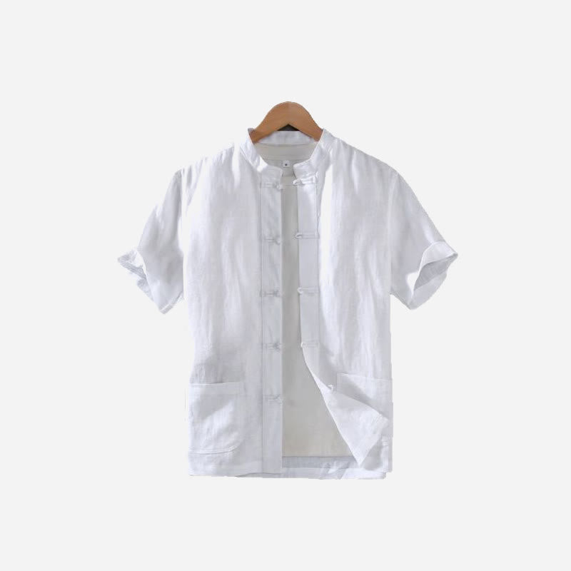 Buddha Stones Vintage Plain Tang Suit Chinese Frog-Button Cotton Linen Men's Shirt With Pockets - image 12