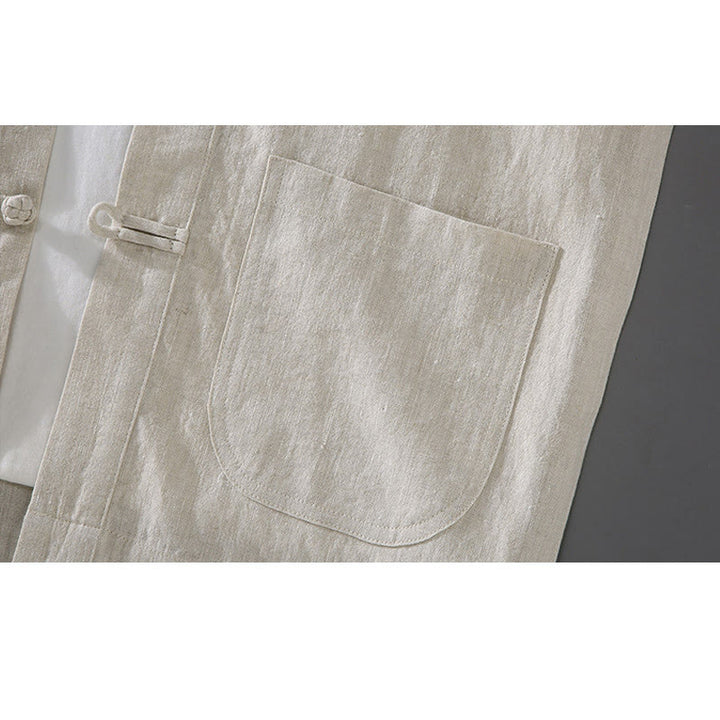 Buddha Stones Vintage Plain Tang Suit Chinese Frog-Button Cotton Linen Men's Shirt With Pockets - image 7