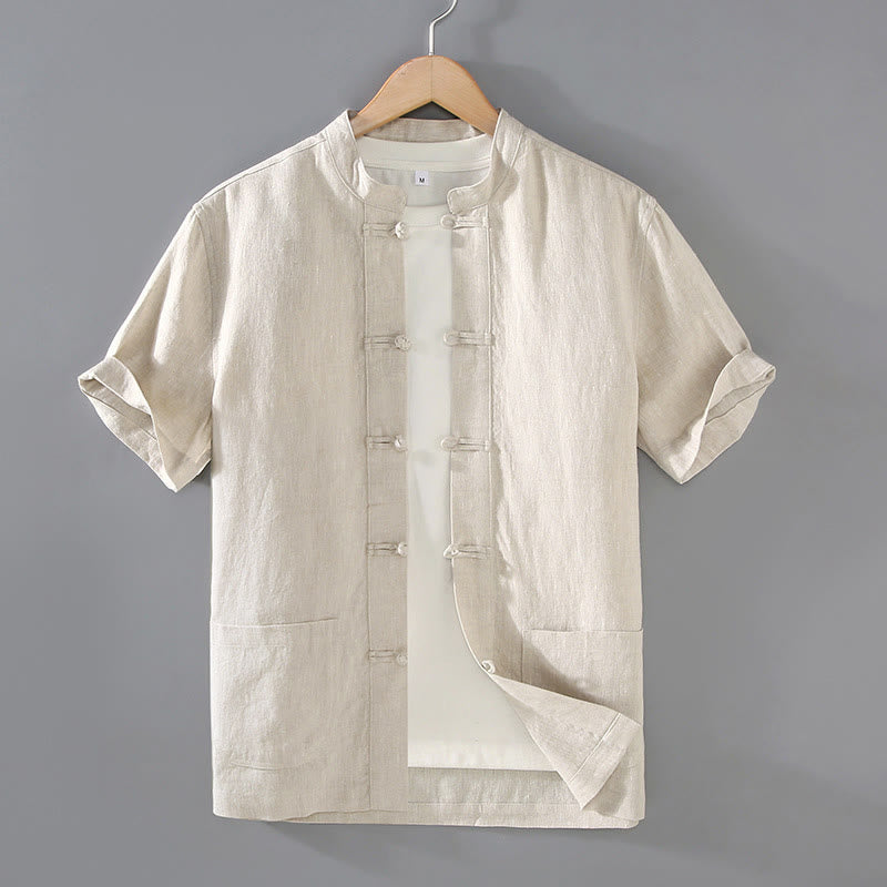 Buddha Stones Vintage Plain Tang Suit Chinese Frog-Button Cotton Linen Men's Shirt With Pockets - Beige - US/UK/AU46，EU56 (5XL) - image 1