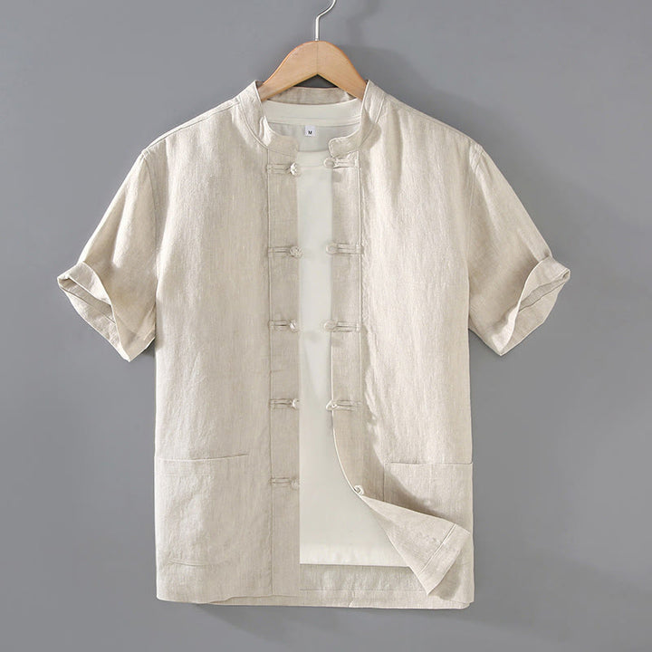 Buddha Stones Vintage Plain Tang Suit Chinese Frog-Button Cotton Linen Men's Shirt With Pockets - Beige - US/UK/AU46，EU56 (5XL) - image 1