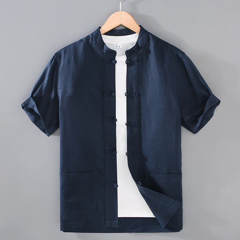 Buddha Stones Vintage Plain Tang Suit Chinese Frog-Button Cotton Linen Men's Shirt With Pockets - MidnightBlue - US/UK/AU46，EU56 (5XL) - image 10