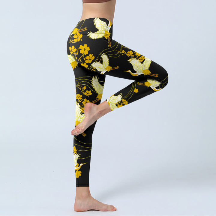 Buddha Stones Red-crowned Cranes Golden Flowers Line Pattern Print Gym Leggings Women's Yoga Pants - image 3