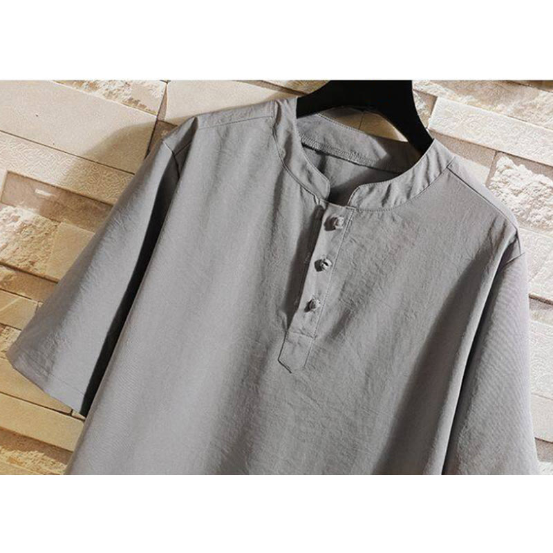 Buddha Stones Vintage Casual Solid Color Men's Short Sleeve Shirt Jacket - image 1