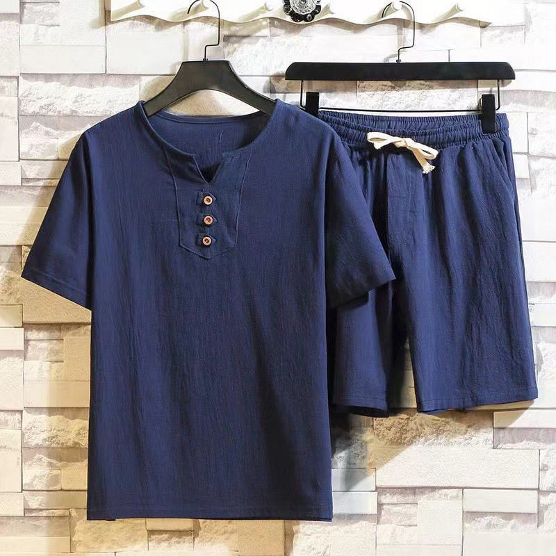 Buddha Stones 2Pcs Short Sleeve T-Shirt Drawstring Short Pants With Pockets Men's Cotton Linen Meditation Cloth Set - Navy - US/UK/AU46，EU56 (5XL) - image 0