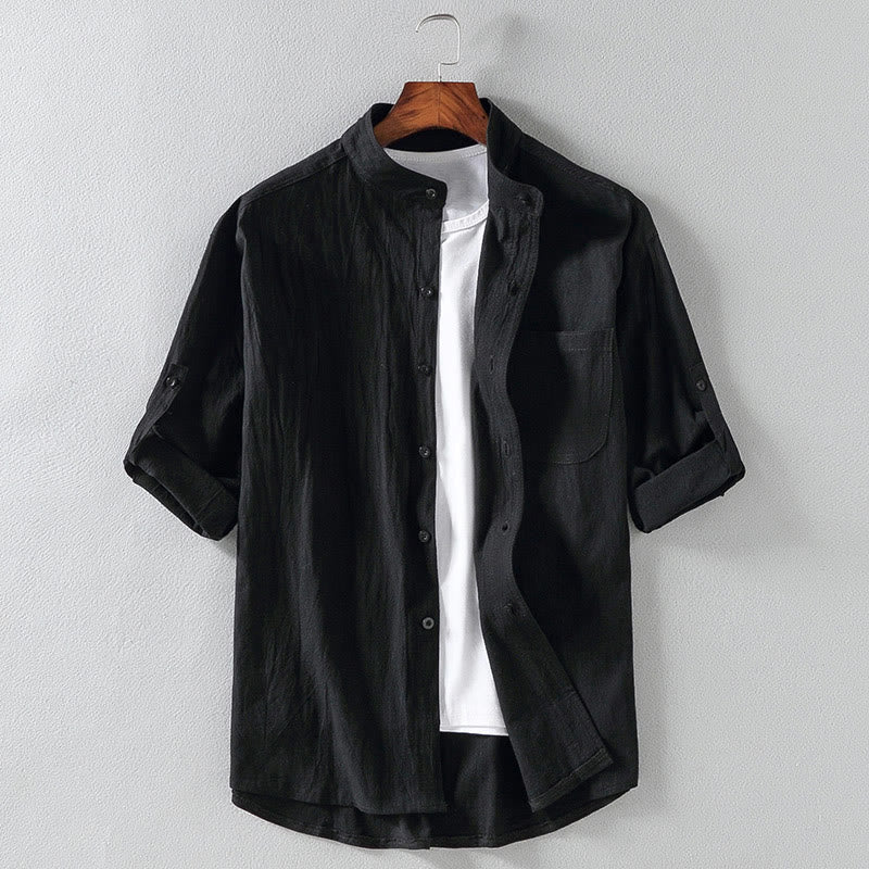 Buddha Stones Vintage Casual Plain Single Breasted Three Quarter Sleeve Men's Cotton Linen Shirt With Pocket