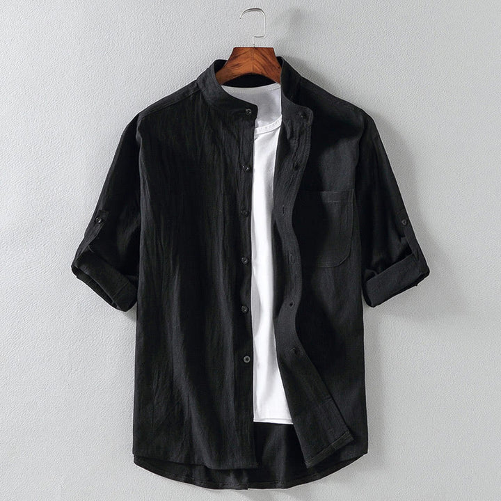 Buddha Stones Vintage Casual Plain Single Breasted Three Quarter Sleeve Men's Cotton Linen Shirt With Pocket