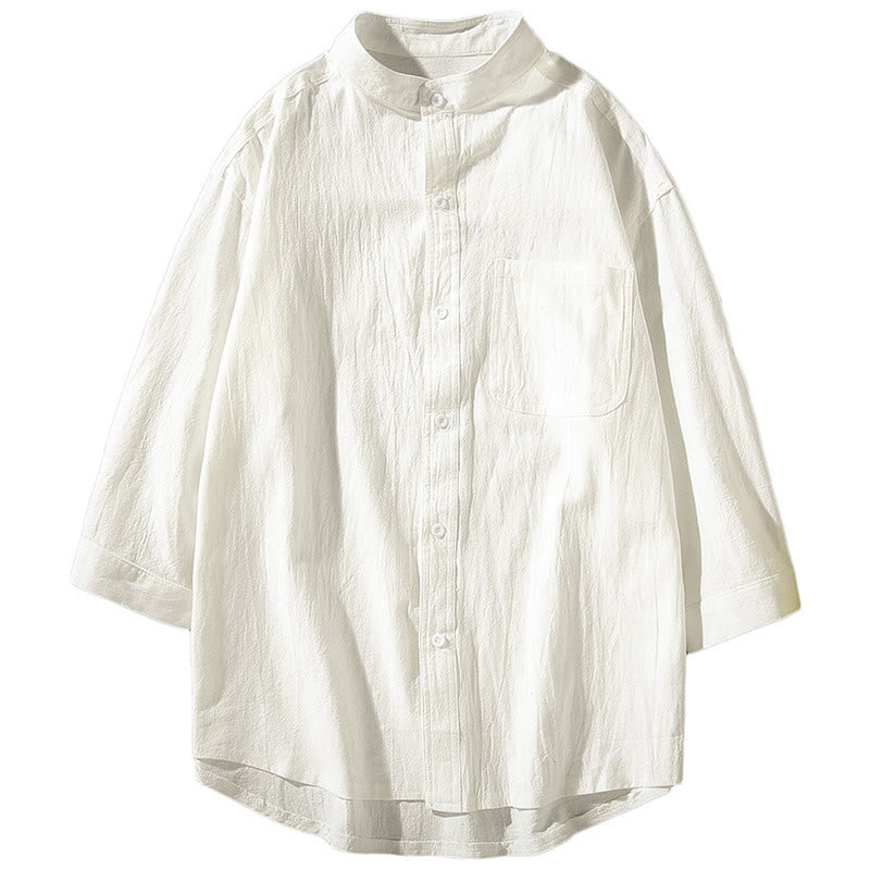Buddha Stones Vintage Casual Plain Single Breasted Three Quarter Sleeve Men's Cotton Linen Shirt With Pocket