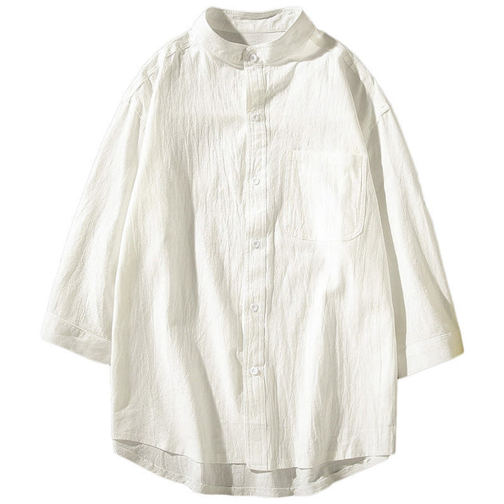 Buddha Stones Vintage Casual Plain Single Breasted Three Quarter Sleeve Men's Cotton Linen Shirt With Pocket
