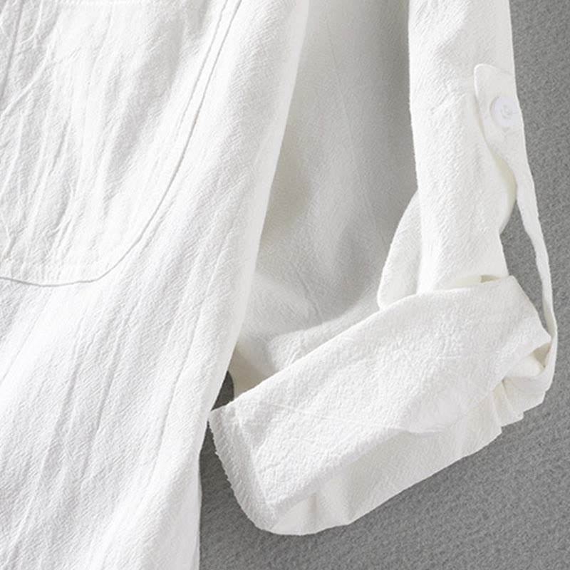 Buddha Stones Vintage Casual Plain Single Breasted Three Quarter Sleeve Men's Cotton Linen Shirt With Pocket