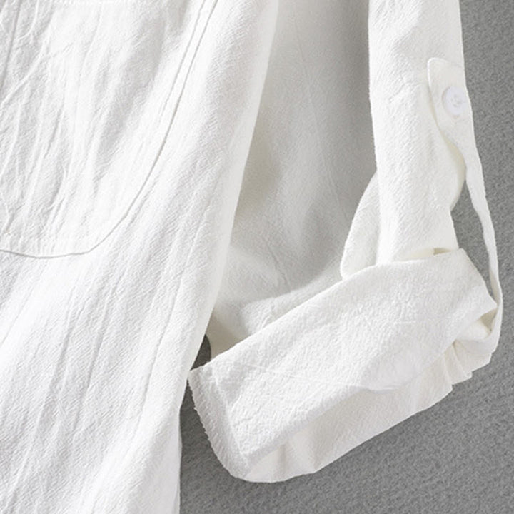 Buddha Stones Vintage Casual Plain Single Breasted Three Quarter Sleeve Men's Cotton Linen Shirt With Pocket