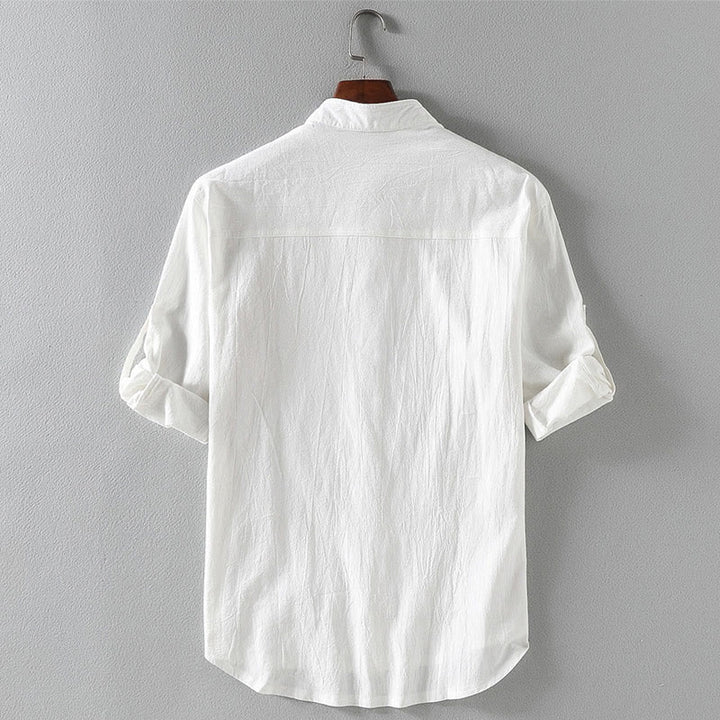 Buddha Stones Vintage Casual Plain Single Breasted Three Quarter Sleeve Men's Cotton Linen Shirt With Pocket