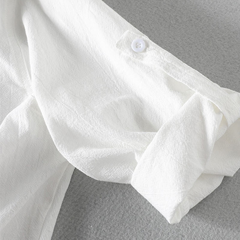 Buddha Stones Vintage Casual Plain Single Breasted Three Quarter Sleeve Men's Cotton Linen Shirt With Pocket